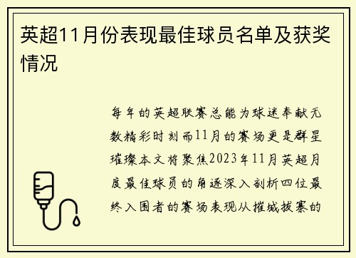 英超11月份表现最佳球员名单及获奖情况